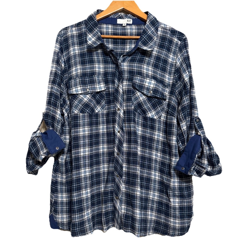 Kut from the Kloth Women's Dual Pocket Plaid‎ Snap Button Up Shirt 2X Chore